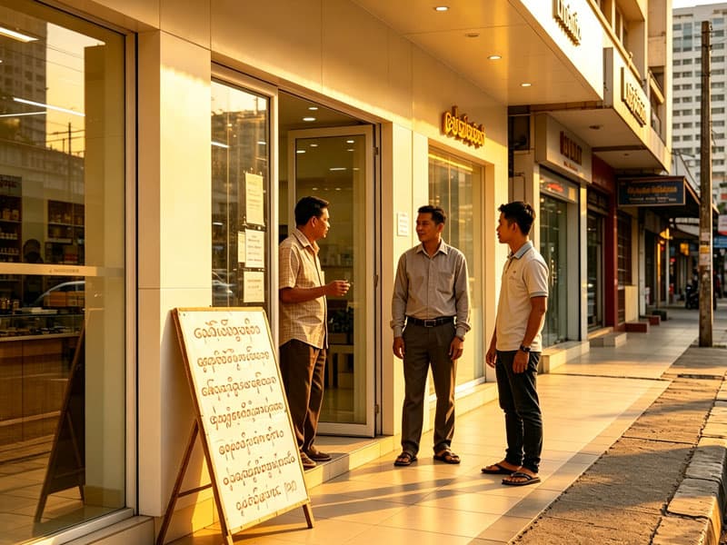 ဆိုင်ပိုင်ရှင်နှင့် အလုပ်ရှာသူ ဆိုင်တံခါးဝတွင် စကားပြောနေကြသည်